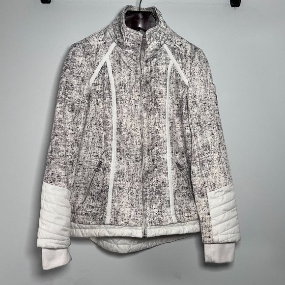 Guess Coat Womens Med White Grey Speckled Hooded Jacket Warm Full‎ Zip Moto - Picture 1 of 16
